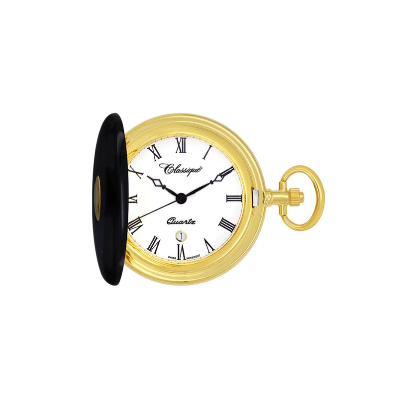 Close-up of the Classique - Ace Gold Plated 42mm Pocket Watch, showcasing the open view with the Roman numerals and date display dial, gold-plated casing, and 25cm curb chain. A modern, stylish pocket watch perfect for any gentleman&