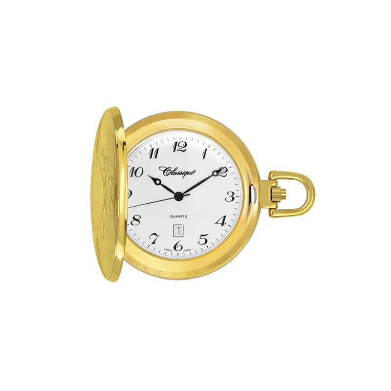 Open view of the Drew Pocket Watch with Arabic Numbers and a Date Counter, this pocket watch for men is the perfect accessory to personalise with dual engraving plates on the front and rear. Shop pocket watches in Australia from Jewels of St Leon.