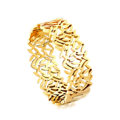 A detailed filigree cuff bracelet, showcasing an elegant, open-work design in polished gold plating. Waterproof, Anti-Tarnish, Sweat Proof and Hypoallergenic, this is a must have for your jewellery collection.