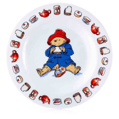 Paddington Bear 3-Piece Children's Dinner Set - Featuring a bowl decorated with food themes including Paddington's favourite Marmalade Sandwich and Paddington in his iconic blue coat and red hat.