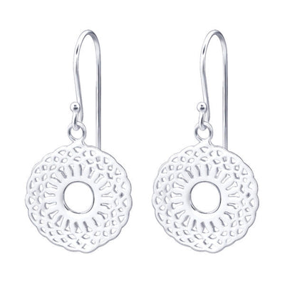 Sterling silver 15mm patterned disc dangle earrings with intricate cut-out design on hook ear wires.