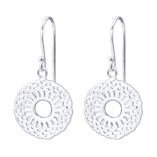 Sterling Silver 15mm Patterned Disc Dangle Earrings