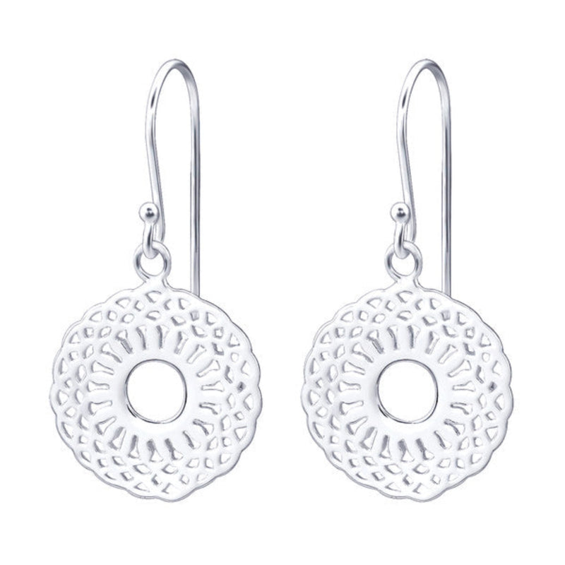 Sterling silver 15mm patterned disc dangle earrings with intricate cut-out design on hook ear wires.