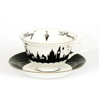 Handmade with fine bone china and meticulously hand decorated, this cup and saucer set is the embodiment of elegance and class.  Featuring a beautiful scene of Mary Poppins Flying over London on the outside of the cup, this set is adorned with the inscription "Practically, Perfect in Every Way", a tribute to the beloved character of Mary Poppins. The platinum trim adds a touch of sophistication to this exquisite set.