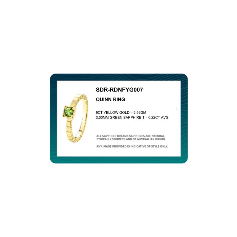 Displayed alongside the Quinn Ring, the Certificate of Authenticity verifies the quality and ethical sourcing of the 3mm green sapphire and the craftsmanship of the 9kt yellow gold ring.
