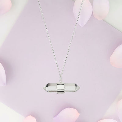 The Quartz Crystal Sterling Silver Necklace beautifully displays the delicate pendant hanging on a 1mm cable chain. The clear quartz crystal sparkles with natural beauty, making it a standout piece of elegant craftsmanship.