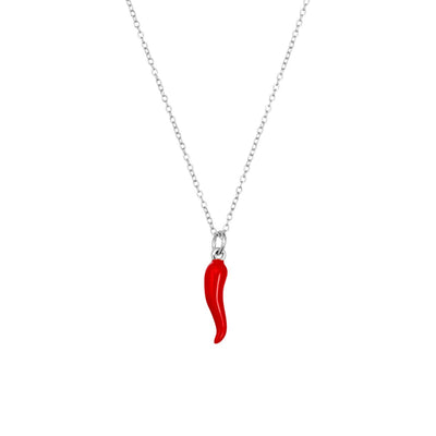 A close-up of the Red Enamel Italian Horn pendant captures its bold color and polished sterling silver finish, hanging gracefully on a 40-45cm chain. The 15x4mm pendant adds a touch of Italian charm and modern style. Available from Jewels of St Leon.