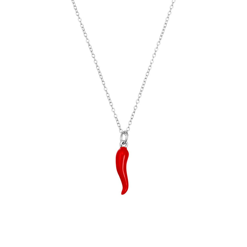 A close-up of the Red Enamel Italian Horn pendant captures its bold color and polished sterling silver finish, hanging gracefully on a 40-45cm chain. The 15x4mm pendant adds a touch of Italian charm and modern style. Available from Jewels of St Leon.