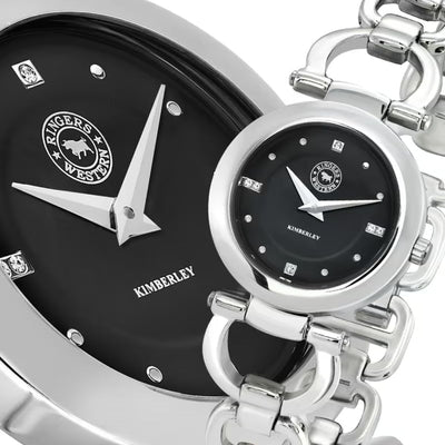 Close-up of the Ringer Western Kimberley 30mm Stainless Steel Watch featuring a deep black dial. The image focuses on the striking contrast between the dial and the polished silver hands and indices. Subtle reflections on the stainless steel case emphasise the craftsmanship and bold sophistication of this versatile, everyday ladies watch.