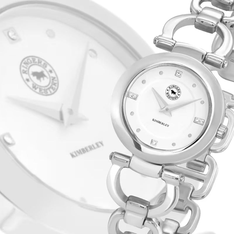 Close-up of the Ringer Western Kimberley 30mm Stainless Steel Watch with a crisp white dial. The photo highlights the fine detailing of the watch face, including the sleek silver hands, minimalist hour markers, and the quality of Ringers Western. The soft lighting reflects off the stainless steel casing, showcasing the refined finish and classic elegance of this timepiece.