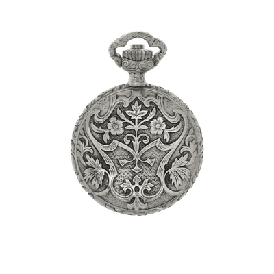 Back view of Classique Robin pendant watch with ornate antique silver floral engraving.