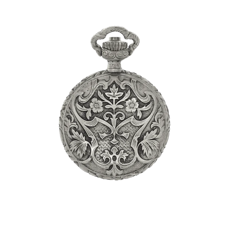 Back view of Classique Robin pendant watch with ornate antique silver floral engraving.