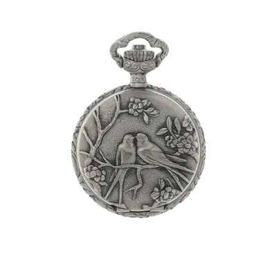 Antique silver Classique Robin pendant watch with two birds on a branch surrounded by flowers.