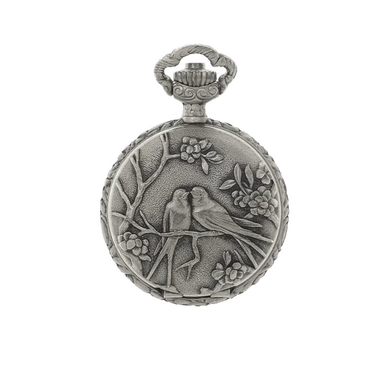 Antique silver Classique Robin pendant watch with two birds on a branch surrounded by flowers.