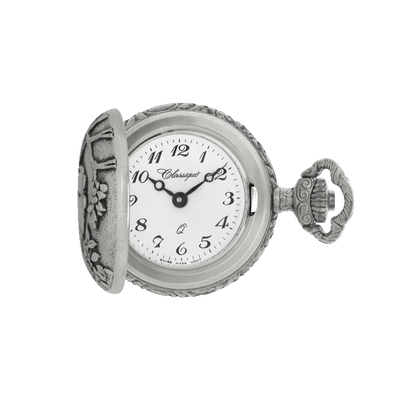 Front view of Classique Robin pendant watch open, showing white dial inside antique silver floral case.