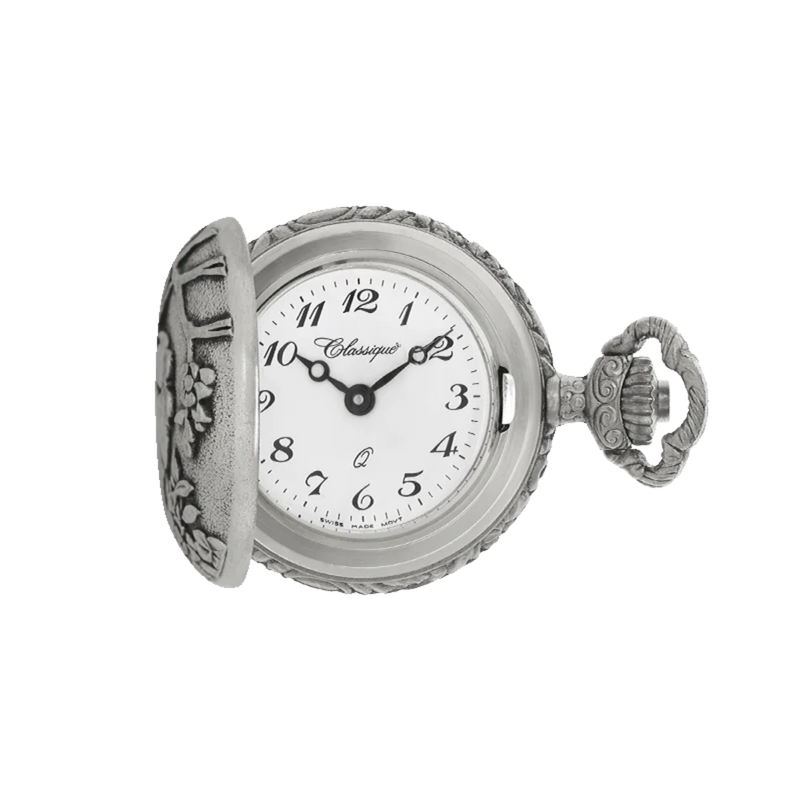 Front view of Classique Robin pendant watch open, showing white dial inside antique silver floral case.