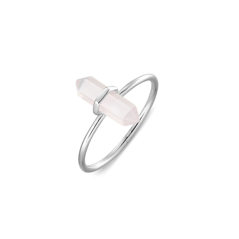 A sleek sterling silver band highlights the soft pink hues of the 10x3mm rose quartz gemstone. This elegant ring is a timeless and meaningful statement piece.