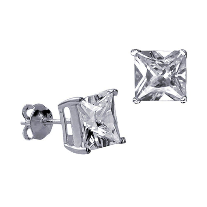 Sterling silver stud earrings with 8mm square princess-cut white CZ stones in 4-claw settings.