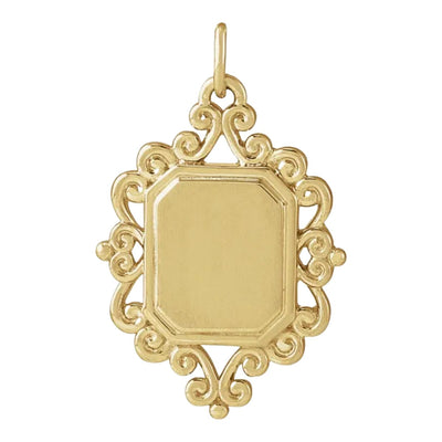 Introducing our exquisite Scroll Engravable Pendant in 14kt Yellow Gold, a timeless adornment for every woman's jewellery collection. Crafted with meticulous attention to detail, this pendant measures 21.63x13.51mm and features a beautiful scroll design that exudes elegance and sophistication.