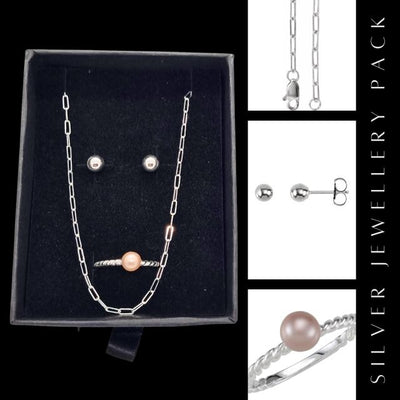 Our Silver 3 in 1 Jewellery Pack is a versatile and stylish accessory set perfect for all occasions. This fantastic pack includes a stackable Imitation Pink Pearl Ring, a 1.95mm Paperclip 45cm Chain, and a pair of 6mm Ball Earrings. It is an excellent gift idea, a treat for yourself, or the perfect first jewellery set for your daughter.