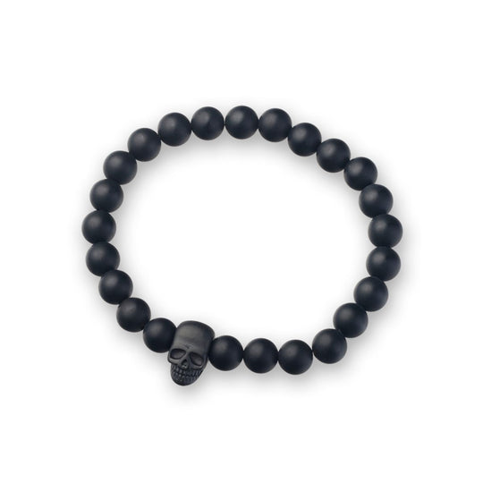 Men's Black Agate Bracelet with Skull Pendant