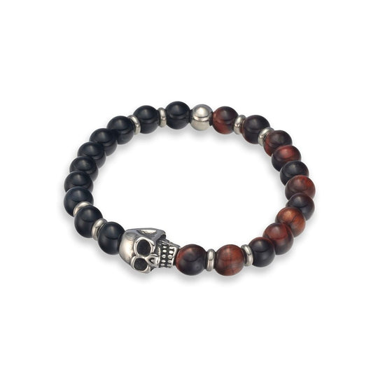 Men's Black Agate and Red Tiger Eye Bead Bracelet with Skull Pendant