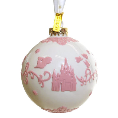 Sleeping Beauty white bauble with embossed castle and motifs – Disney Princess Christmas decoration.