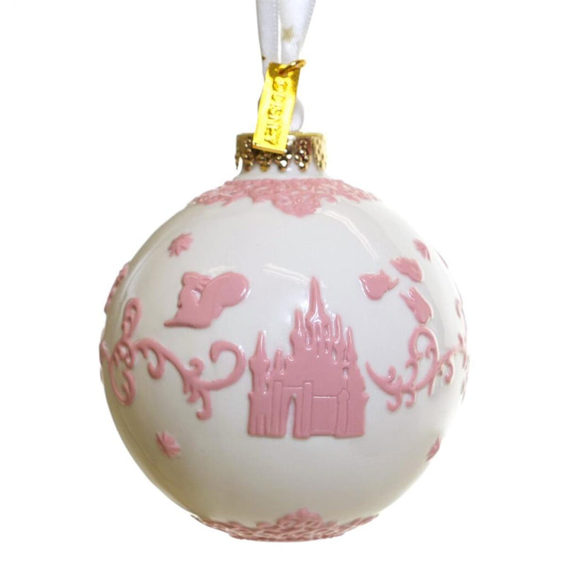 Sleeping Beauty white bauble with embossed castle and motifs – Disney Princess Christmas decoration.