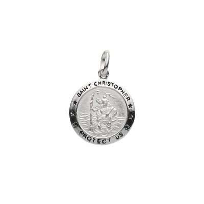 Looking for a stunning piece of jewellery that allows you to stylishly share your faith with the world? Look no further than this small St. Christopher 19mm Round Silver Pendant! This beautiful pendant features the precious image of St. Christopher carrying the baby Jesus across a river with the inscription "St. Christopher" and "Protect Us."  Available now at Jewels of St Leon.