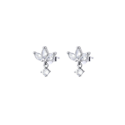 Pair of 925 Sterling Silver stud earrings with a three-petal CZ flower motif (three marquise-cut stones) and a single 3 mm round CZ drop, displayed on a plain white background.