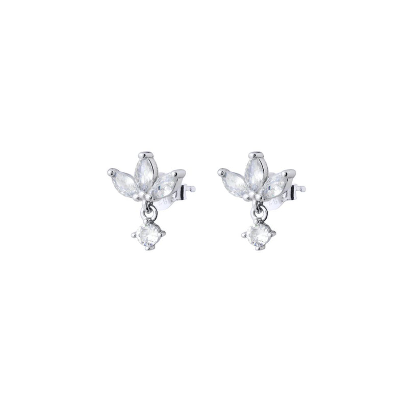 Pair of 925 Sterling Silver stud earrings with a three-petal CZ flower motif (three marquise-cut stones) and a single 3 mm round CZ drop, displayed on a plain white background.