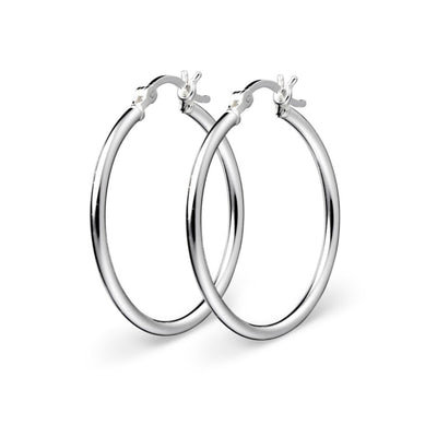 Large 50mm Sterling Silver hoop earrings with 2mm thickness, featuring a lightweight tubular design and latch-back clasp. Displayed on white background with polished finish.