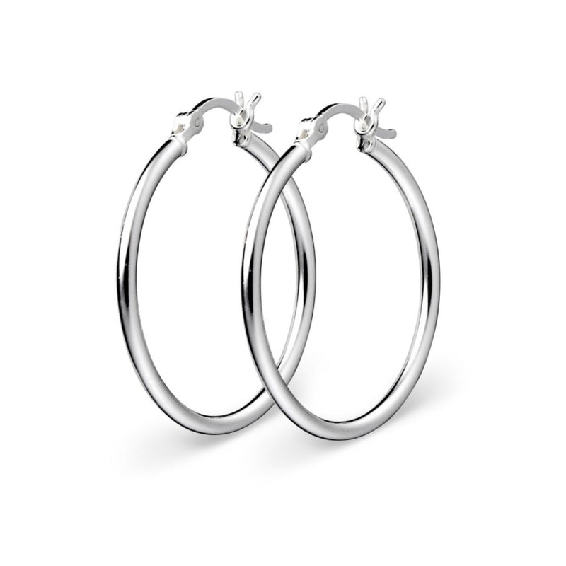Large 50mm Sterling Silver hoop earrings with 2mm thickness, featuring a lightweight tubular design and latch-back clasp. Displayed on white background with polished finish.