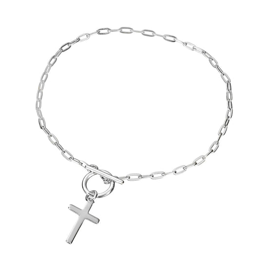 Sterling Silver Fob Chain Bracelet with Cross Charm – Women’s 17cm Anti-Tarnish