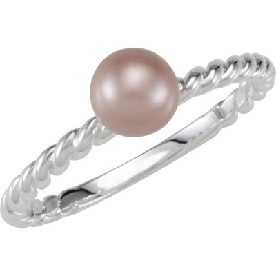 Stackable Imitation Pink Pearl Rope Ring in Sterling Silver - a stunning addition to any ladies' silver jewellery collection. This delicate ring features a beautiful 6mm Synthetic Pink Pearl that sits perfectly on a twisted rope band, making it an ideal stacking ring.