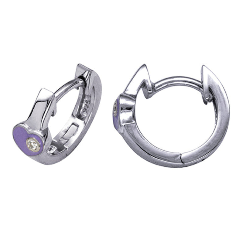 Sterling Silver Lavender Enamel Heart Huggie Earrings showing hinge and side detail.