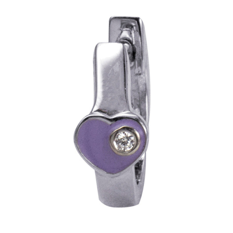 Sterling Silver Lavender Enamel Heart Huggie Earring with CZ centre – front view.