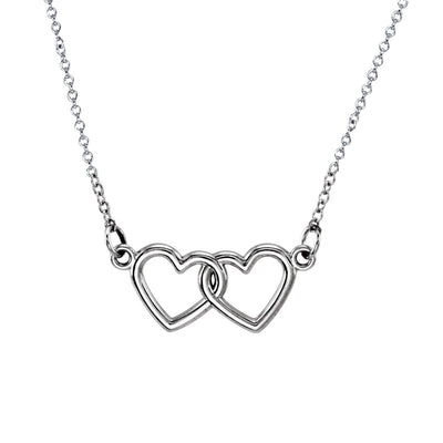 The Double Heart Necklace in Sterling Silver from Posh Mommy's Tiny Posh Collection. This stunning piece of ladies' jewellery features two interlocking hearts, symbolising the unbreakable bond between two individuals in love. Crafted from high-quality sterling silver, this necklace boasts a unique design that will make a statement. Available at Jewels of St Leon.
