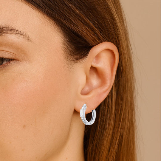 Sterling Silver Rectangle CZ Hoop Earrings – 15x2 mm