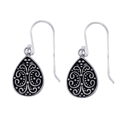 Sterling silver oxidised teardrop earrings with ornate filigree pattern on earwire hooks, displayed against a white background.