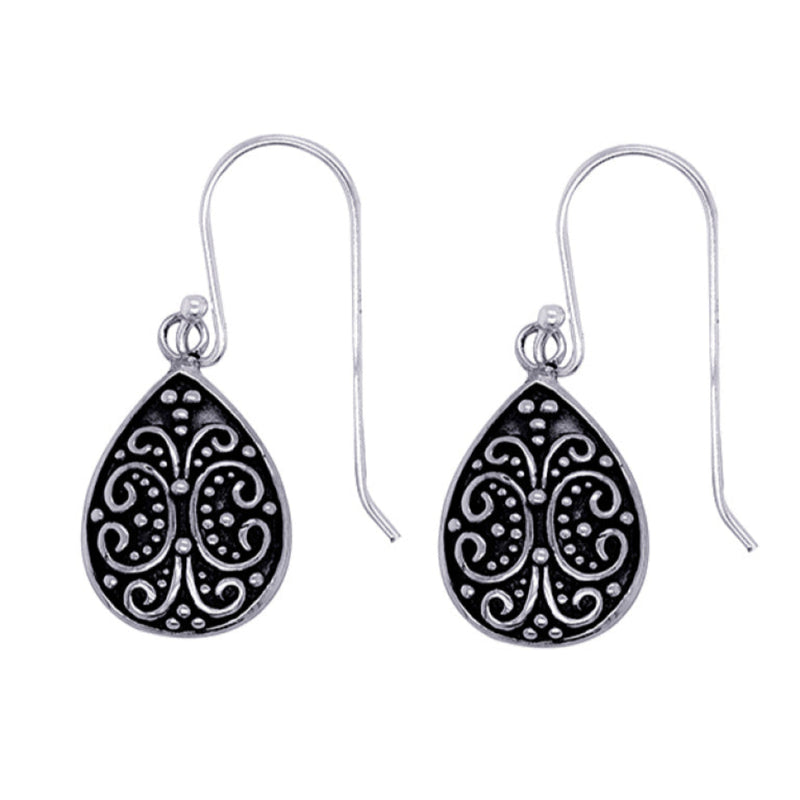 Sterling silver oxidised teardrop earrings with ornate filigree pattern on earwire hooks, displayed against a white background.