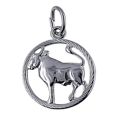 A close-up of the Taurus Zodiac Charm Pendant in sterling silver, showcasing the intricate bull design that represents Taurus’s strength, stability, and grounded personality.