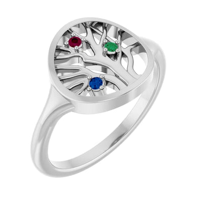 Tree of Life Three Stone Family Ring in Sterling Silver