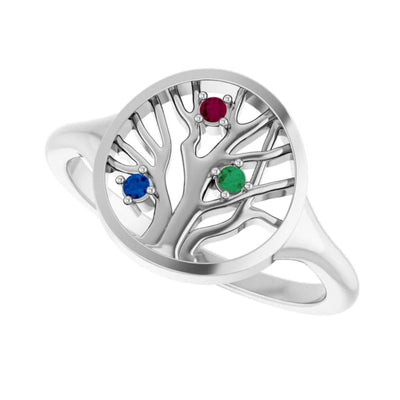 Tree of Life Three Stone Family Ring in Sterling Silver