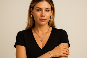 Woman wearing a black V-neck top, and Urban Jewellery pieces including gold hoop earrings, a silver chain with a pink cz heart-shaped pendant and a gold heart bracelet cuff, against a neutral background.