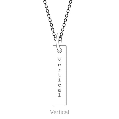 Display of the Engravable Bar Necklace in a vertical orientation. The sleek 17x2.5mm sterling silver bar offers a modern, elongated look, perfect for custom engravings and unique styling.