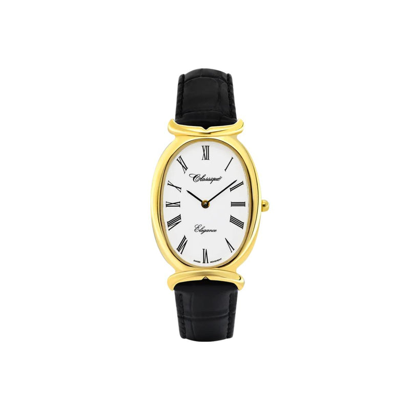 A stunning vintage-inspired timepiece, the Classique Oval Ladies’ Watch boasts a chunky gold face and a camel black leather strap. Crafted in gold-plated stainless steel, it features Swiss Quartz movement - fashion-forward and effortlessly chic.