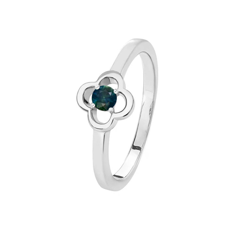 The Wanda Ring from Sapphire Dreams Australia, sitting on its side, beautifully highlights the vibrant 3mm natural Australian teal sapphire set in 9kt white gold. Available from Jewels of St Leon.