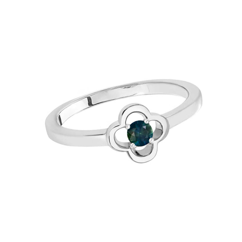 The Wanda Ring, laid flat, showcases its exquisite floral design with the 3mm natural Australian teal sapphire at its center, set in elegant 9kt white gold. Available from Jewels of St Leon.