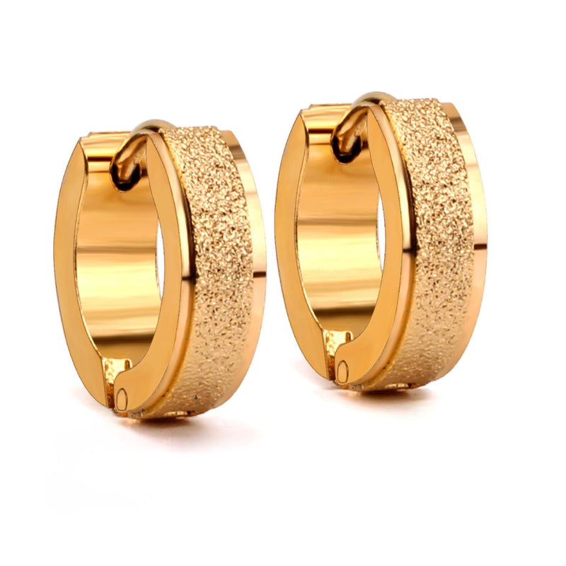 Pair of 4×12 mm 18ct gold-plated stainless steel hoop earrings showing glass-blast texture and hinged clasp.